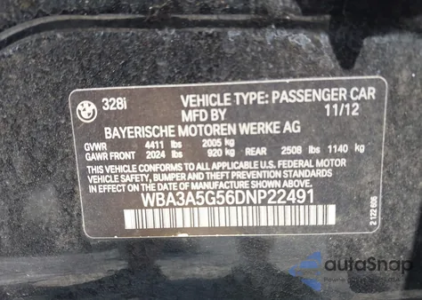 2013 BMW 328I z USA, uszkodzony, nr VIN WBA3A5G56DNP22491